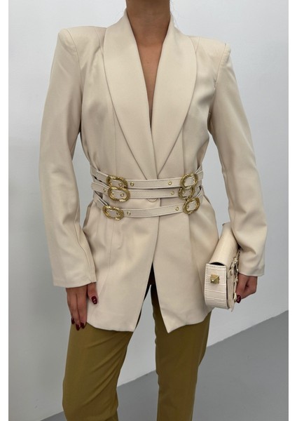 Kadın Blazer Ceket Şık Kruvaze Yaka Vatkalı Gold Kemer Detaylı Ceket indirimleri