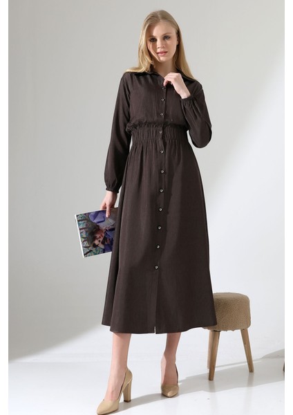 Kadın Boydan Düğmeli Bel Lastik Torba Cepli Tesettür Elbise