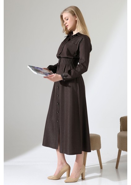 Kadın Boydan Düğmeli Bel Lastik Torba Cepli Tesettür Elbise fiyatları