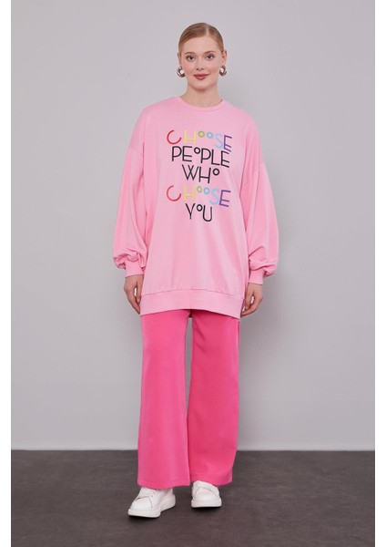 Pembe Harf Baskı Detaylı Sweat