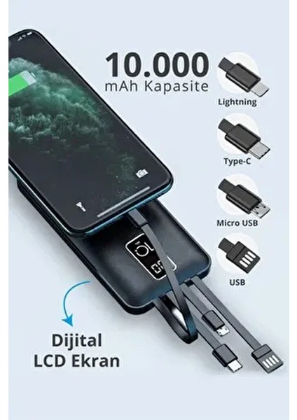 9030 LCD Göstergeli 10.000MAH Powerbank Hızlı Şarj / Type-C-Usb-Ios Lightning-Micro USB Çoklu Kablo