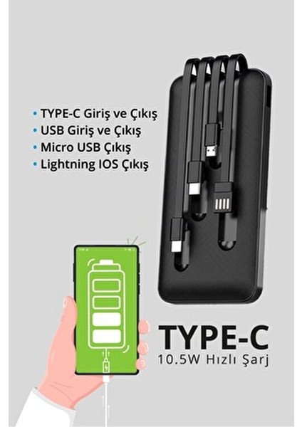 9030 LCD Göstergeli 10.000MAH Powerbank Hızlı Şarj / Type-C-Usb-Ios Lightning-Micro USB Çoklu Kablo modelleri