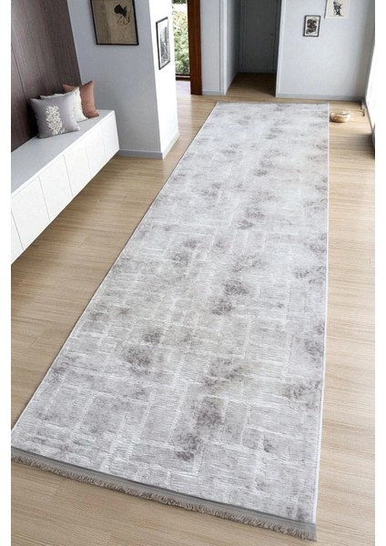 Aksu Stan Gri Saçaklı Kaymaz Tabanlı Kesme Kabartmalı Salon Koridor Mutfak Halı