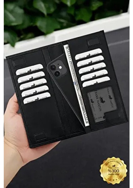 Petra Hakiki Siyah Telefon Bölmeli Mıknatıslı El Tutmalı Cüzdan