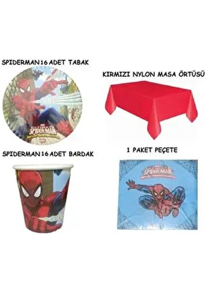 Örümcek Adam Spiderman 16 Kişilik Tabak Bardak Peçete Masa Örtüsü Seti Kırmızı Renkli
