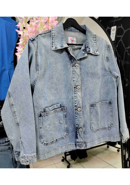 Kadın Düğmeli Dıştan Cepli Jean Ceket modelleri