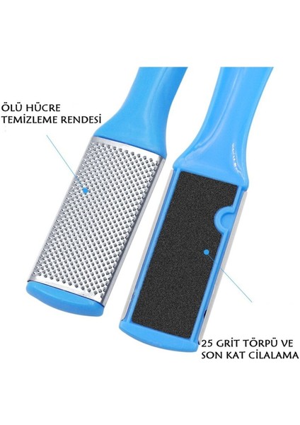 Paslanmaz Çelik 2'li Mavi Topuk Rendesi ve Törpü Seti – Ölü Deri Temizleyici Ayak Bakım Aracı