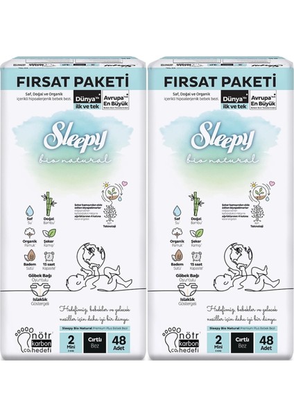 Bebek Bezi Bio Natural Beden:2 (3-6kg) Mini 96 Adet Ekonomik Fırsat Pk