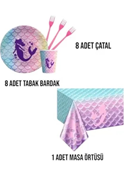 8 Kişilik Deniz Kızı Doğum Günü Parti Seti Pembe Renkli Tabak Bardak ve Masa Örtüsü fiyatları