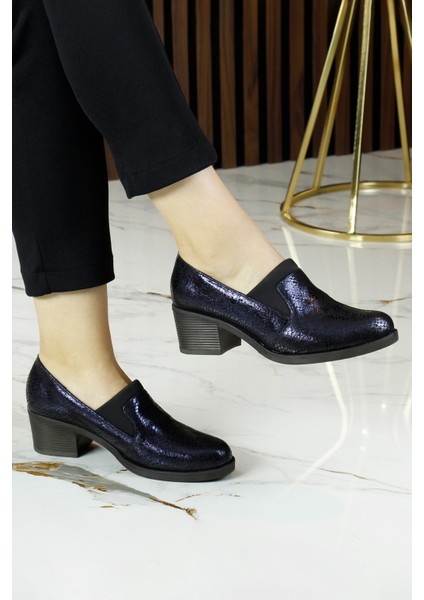 Alizee Lacivert Yılan Hakiki Dana Derisi Günlük Topuklu Ayakkabı