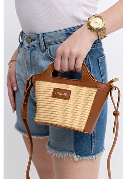 Kadın Küçük Boy Taba Hasır Detaylı Omuz & Kol Çantası Uzun Askılı Şık ve Ergonomik