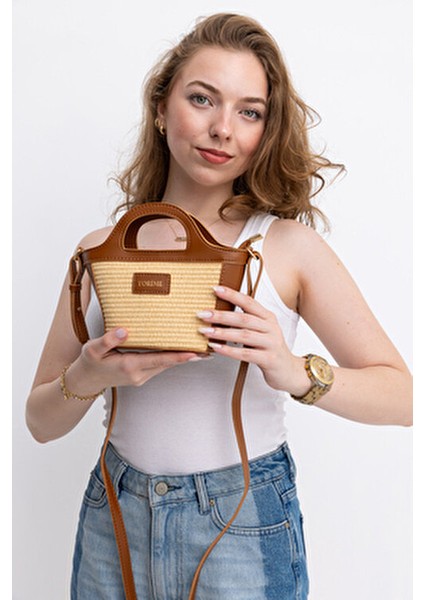 Kadın Küçük Boy Taba Hasır Detaylı Omuz & Kol Çantası Uzun Askılı Şık ve Ergonomik