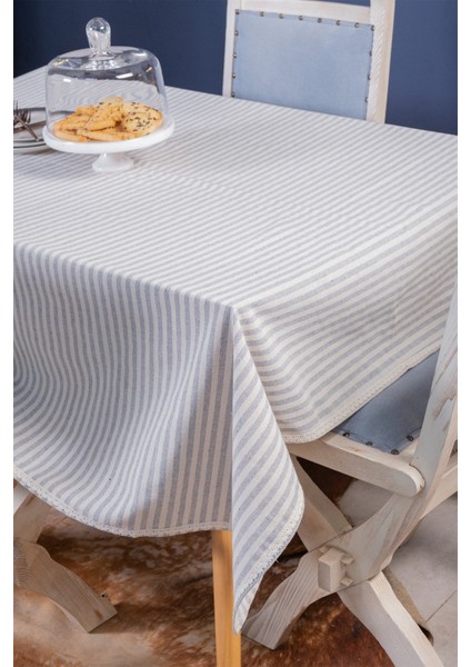 Gri Çizgili Keten ve Dantel Detaylı Dikdörtgen Şık Masa Örtüsü – Yemek Masaları için Zarif Tasarım