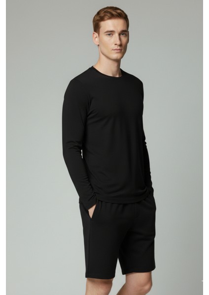 %100 Pamuk Erkek Süprem Uzun Kollu Basic T-Shirt Compact Penye Siyah Sporcu Tişört Body