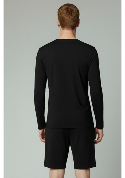 %100 Pamuk Erkek Süprem Uzun Kollu Basic T-Shirt Compact Penye Siyah Sporcu Tişört Body