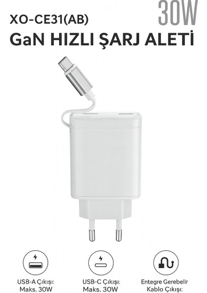 30W Gan Hızlı Şarj Cihazı – Usb-A & Usb-C Çıkışlı, Entegre Kablolu (Kendinden Kablolu )