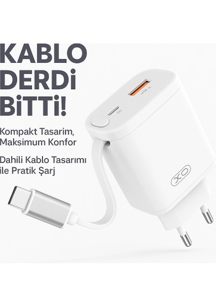 30W Gan Hızlı Şarj Cihazı – Usb-A & Usb-C Çıkışlı, Entegre Kablolu (Kendinden Kablolu ) fiyatları