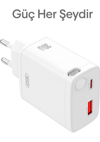 30W Gan Hızlı Şarj Cihazı – Usb-A & Usb-C Çıkışlı, Entegre Kablolu (Kendinden Kablolu )