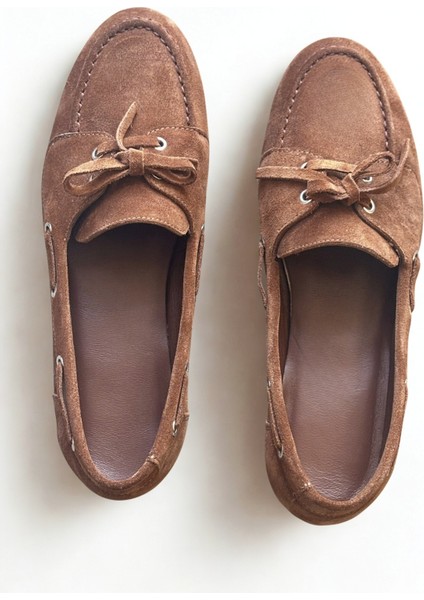 Taba Süet Hakiki Deri Bağcıklı Makosen Kadın Kolej Loafer