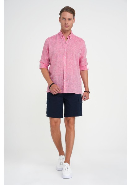 Comfort Fit Düğme Yaka Katlanır Kol %100 Keten Düz Mercan Gömlek G 1595