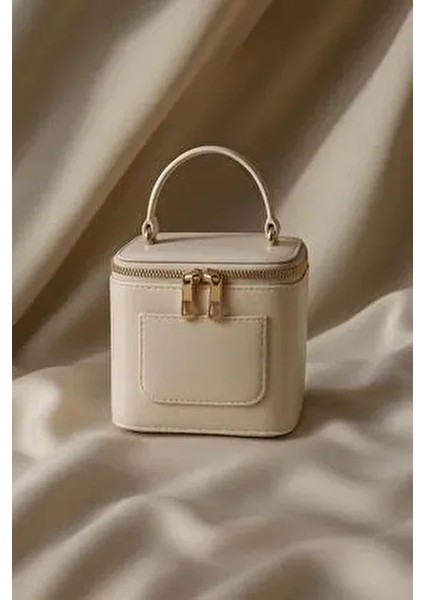 Bej Mini Kutu Çapraz Askılı Çanta Suni Deri Şık Tasarım Orta Boy