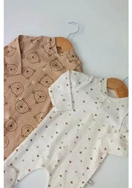 Kahve Ayıcık ve Mikili %pamuk 2 Li Patikli Tulum