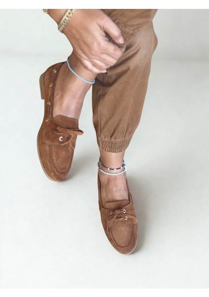 Taba Süet Hakiki Deri Bağcıklı Makosen Kadın Kolej Loafer fırsatları