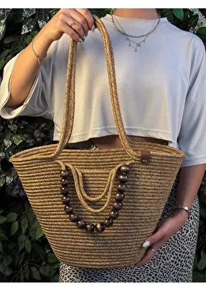 Fiona Hasır Omuz Çantası Doğal Ahşap Boncuk Detaylı Şık Tasarım Basic Koleksiyonu