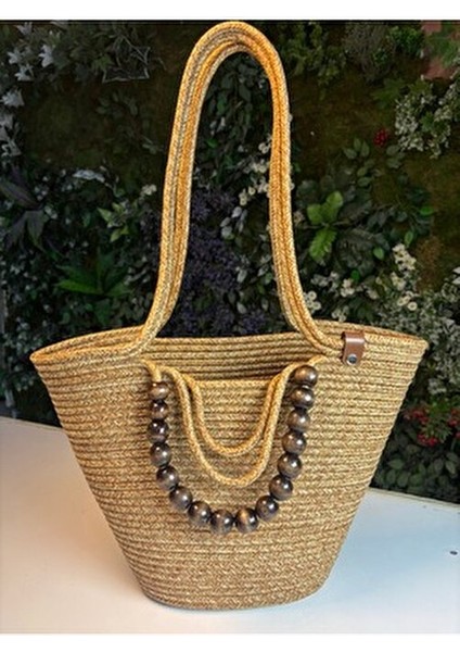 Fiona Hasır Omuz Çantası Doğal Ahşap Boncuk Detaylı Şık Tasarım Basic Koleksiyonu fiyatları