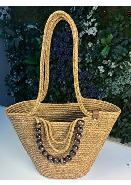 Fiona Hasır Omuz Çantası Doğal Ahşap Boncuk Detaylı Şık Tasarım Basic Koleksiyonu modelleri