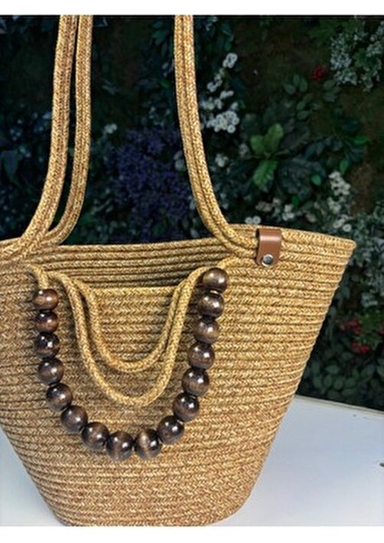 Fiona Hasır Omuz Çantası Doğal Ahşap Boncuk Detaylı Şık Tasarım Basic Koleksiyonu