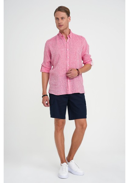 Comfort Fit Düğme Yaka Katlanır Kol %100 Keten Düz Mercan Gömlek G 1595 fiyatları