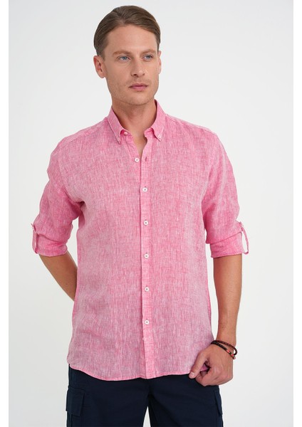 Comfort Fit Düğme Yaka Katlanır Kol %100 Keten Düz Mercan Gömlek G 1595 modelleri