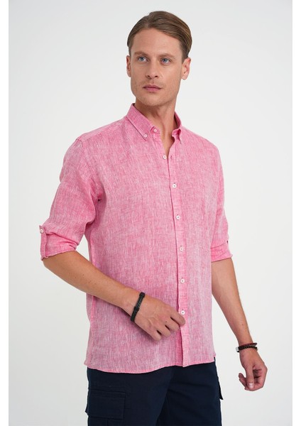 Comfort Fit Düğme Yaka Katlanır Kol %100 Keten Düz Mercan Gömlek G 1595 fırsatları
