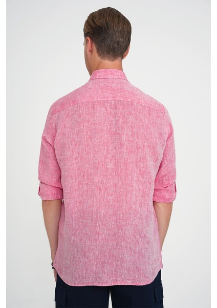 Comfort Fit Düğme Yaka Katlanır Kol %100 Keten Düz Mercan Gömlek G 1595 indirimleri