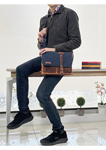 Halwara Mumlu Kanvas & Hakiki Deri Postacı Çantası (Messenger Bag) 22X31 cm / 13 Inç