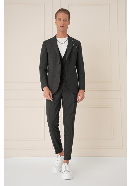 Comfort Fit Gofre Kumaş Pamuk Yelekli Casuel Siyah Ceket C 678