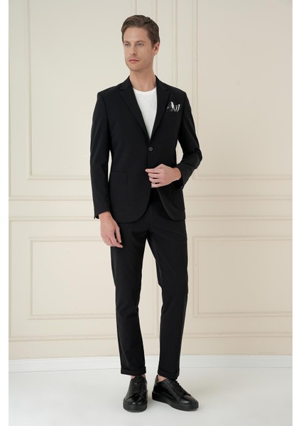 Slim Fit Torba Cep Esnek Spandex Karışımlı Düz Siyah Blazer Ceket C 696
