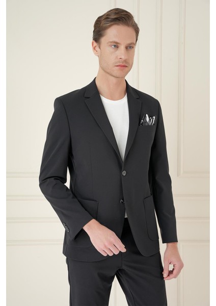 Slim Fit Torba Cep Esnek Spandex Karışımlı Düz Siyah Blazer Ceket C 696 modelleri