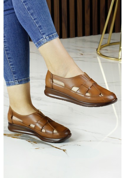 Aida Taba Hakiki Dana Derisi Kesik Detaylı Lastikli Slip-On Günlük Ayakkabı