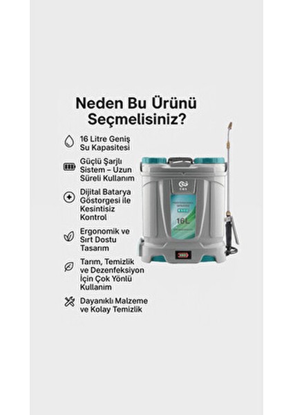 Dijital Göstergeli Şarjlı İlaçlama ve Sisleme Pompası 16 lt Güçlü Motorlu Gri