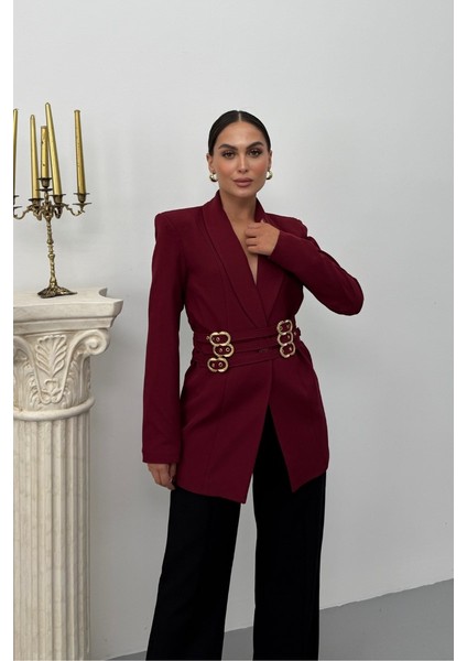 Kadın Blazer Ceket Şık Kruvaze Yaka Vatkalı Gold Kemer Detaylı Ceket