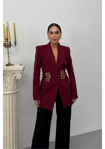 Kadın Blazer Ceket Şık Kruvaze Yaka Vatkalı Gold Kemer Detaylı Ceket fiyatları