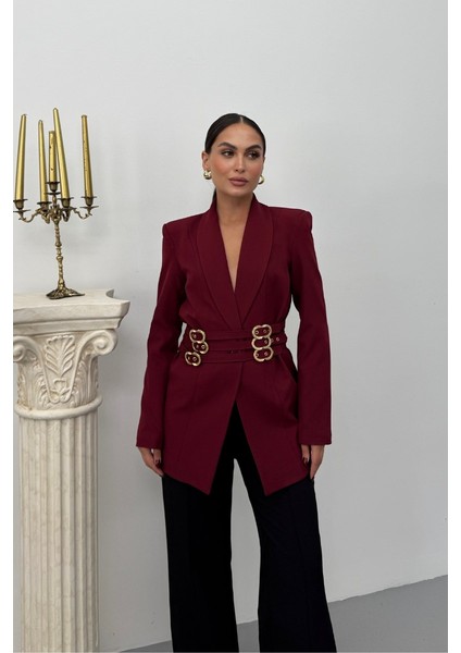 Kadın Blazer Ceket Şık Kruvaze Yaka Vatkalı Gold Kemer Detaylı Ceket modelleri