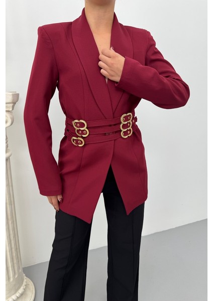 Kadın Blazer Ceket Şık Kruvaze Yaka Vatkalı Gold Kemer Detaylı Ceket fırsatları