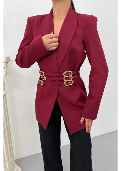 Kadın Blazer Ceket Şık Kruvaze Yaka Vatkalı Gold Kemer Detaylı Ceket indirimleri