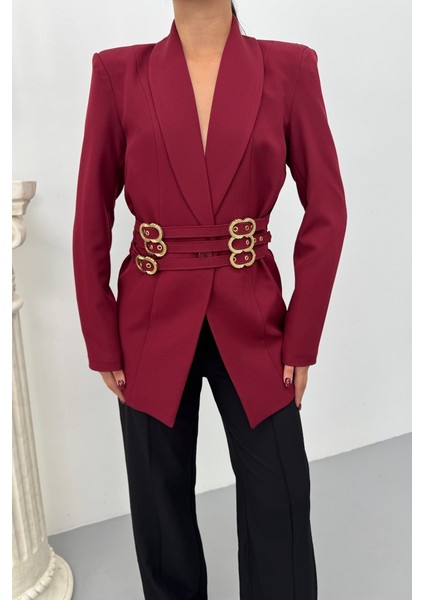 Kadın Blazer Ceket Şık Kruvaze Yaka Vatkalı Gold Kemer Detaylı Ceket