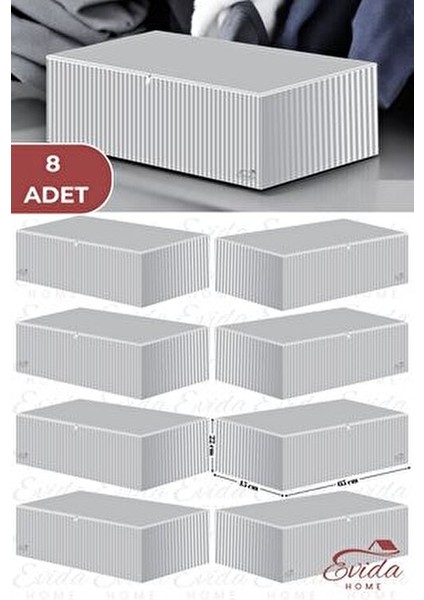 8 Adet Antrasit Çizgili Büyük Boy Baza Altı ve Çekyat Hurç - 65X45X22 cm - Organizer