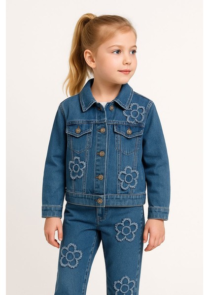 Çiçek Detaylı Kız Çocuk Kot Ceket