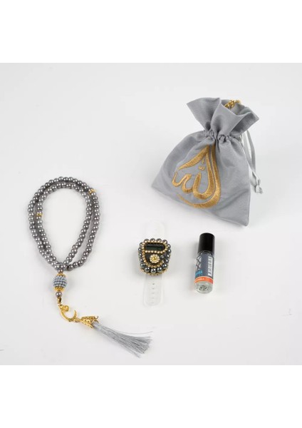 Tesbih + Zikirmatik + Esans Hediye Seti (Lafzatullah Nakışlı Şantuk Kese, Gri)